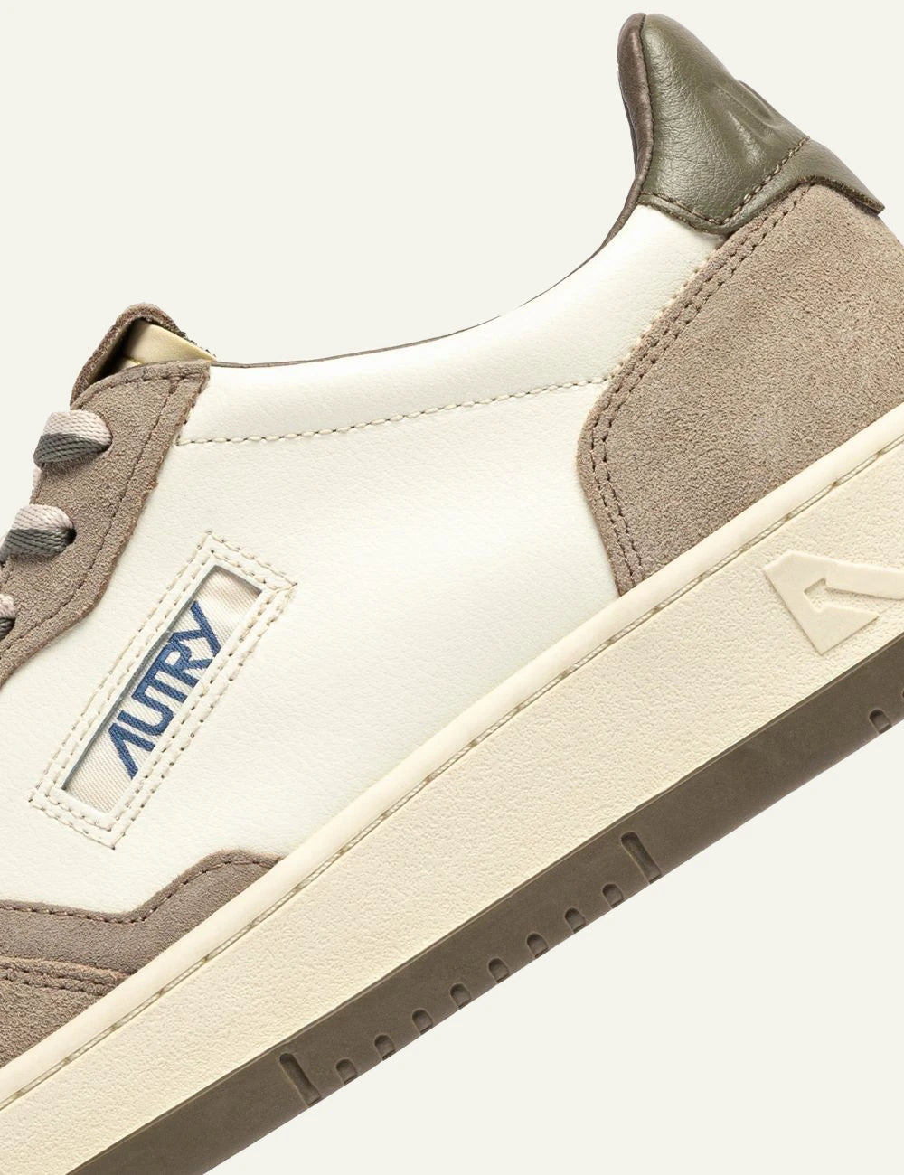 Men's Autry Medalist white leather and beige suede sneakers with olive green heel detail
