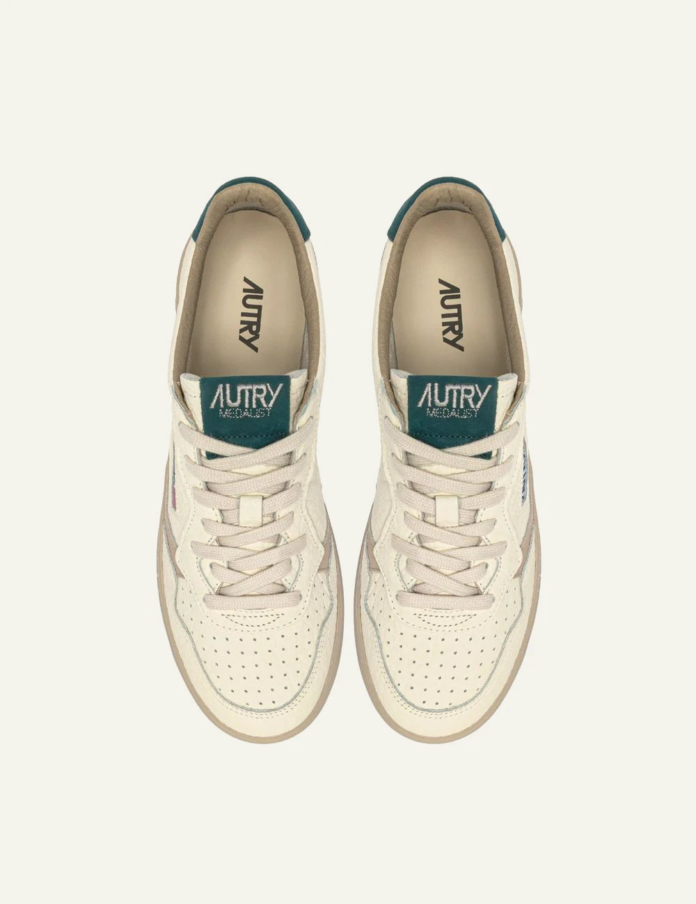 Men's Autry Medalist white leather sneakers with beige suede details and dark green heel tab top