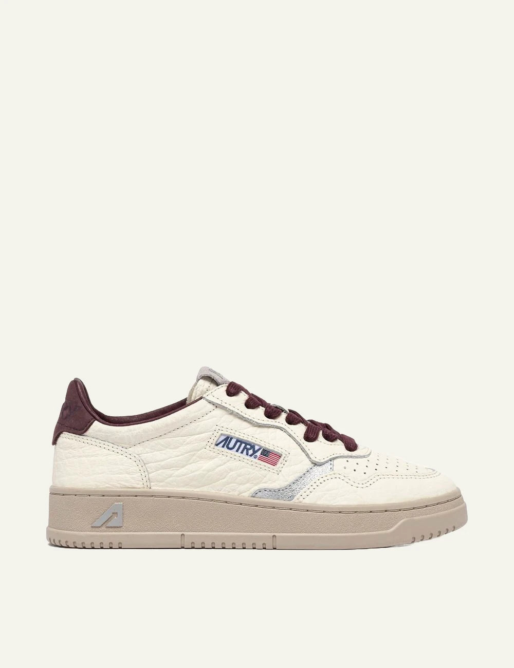 Autry women’s ivory grained leather sneakers with burgundy and silver details