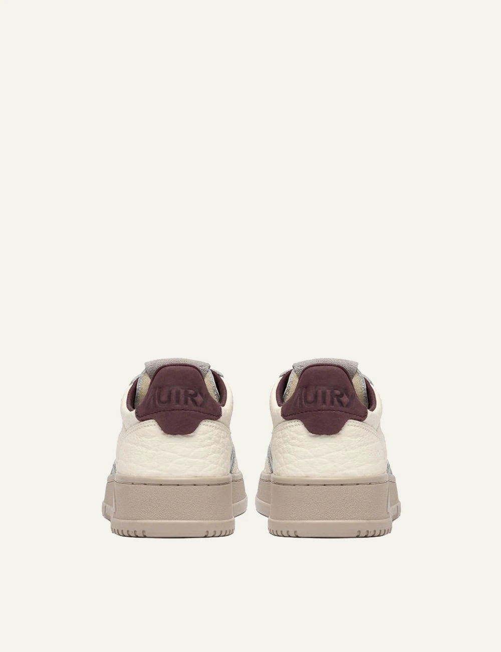 Autry women’s ivory grained leather sneakers with burgundy and silver details back