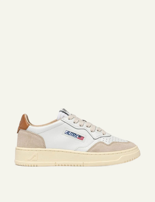 Men's Autry Medalist white leather sneakers with beige suede and tan heel 