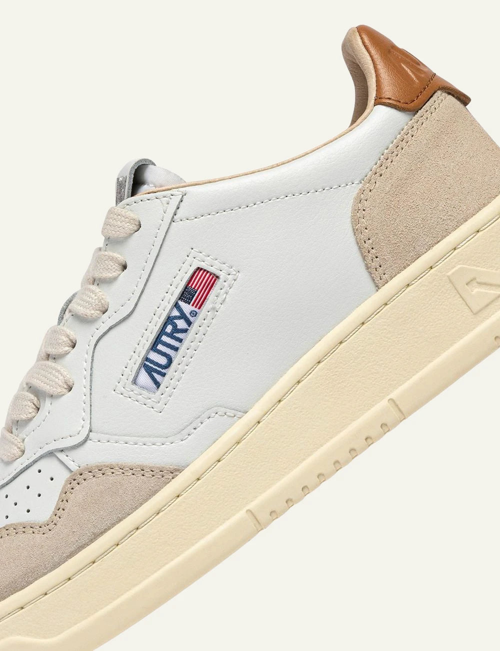 Men's Autry Medalist white leather sneakers with beige suede and tan heel detail