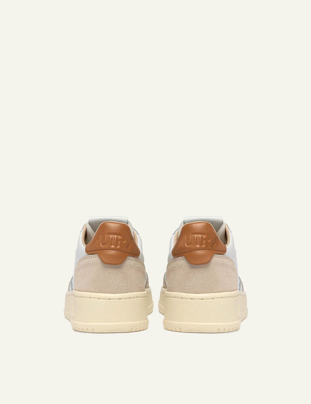Men's Autry Medalist white leather sneakers with beige suede and tan heel back