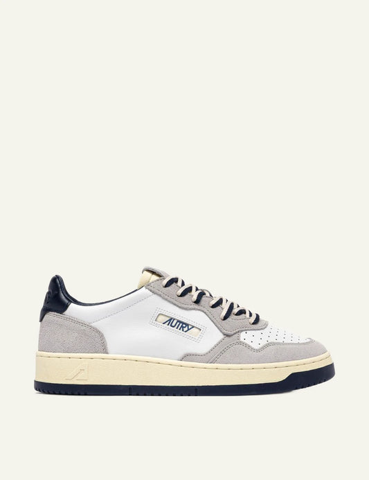 Men's Autry Medalist white leather and light grey suede sneakers with navy blue heel 