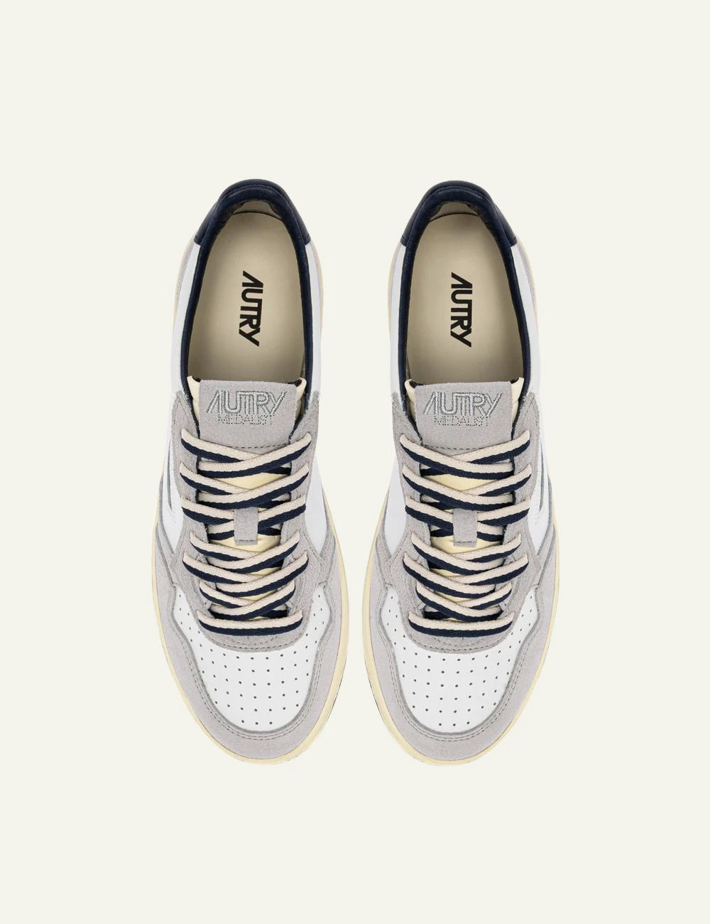 Men's Autry Medalist white leather and light grey suede sneakers with navy blue heel detail top
