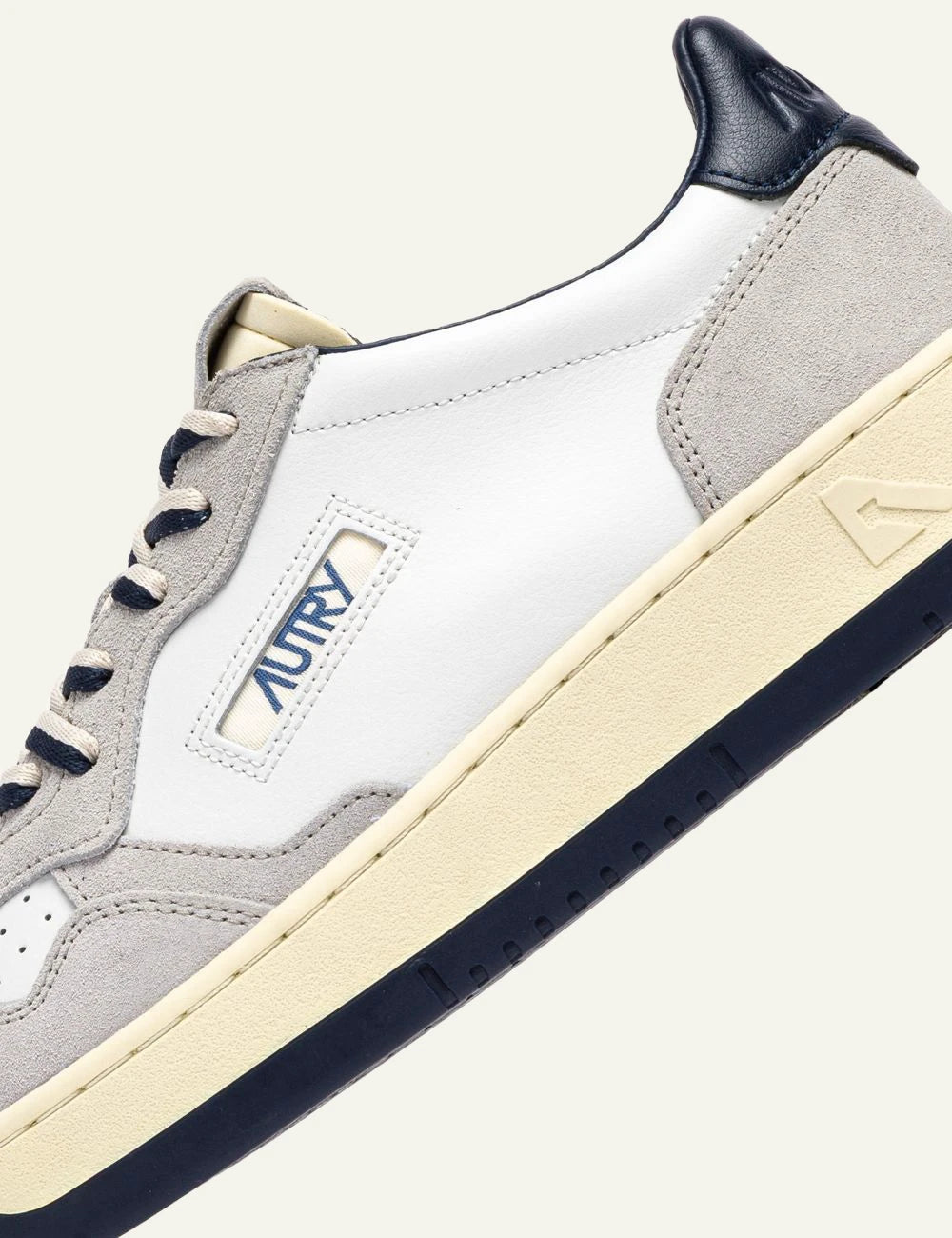 Men's Autry Medalist white leather and light grey suede sneakers with navy blue heel detail