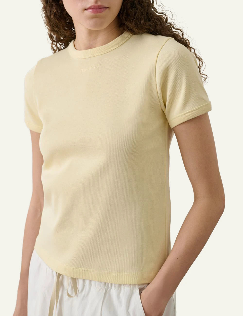 Soeur Aristide t-shirt light yellow organic cotton embroidered logo slim fit front model