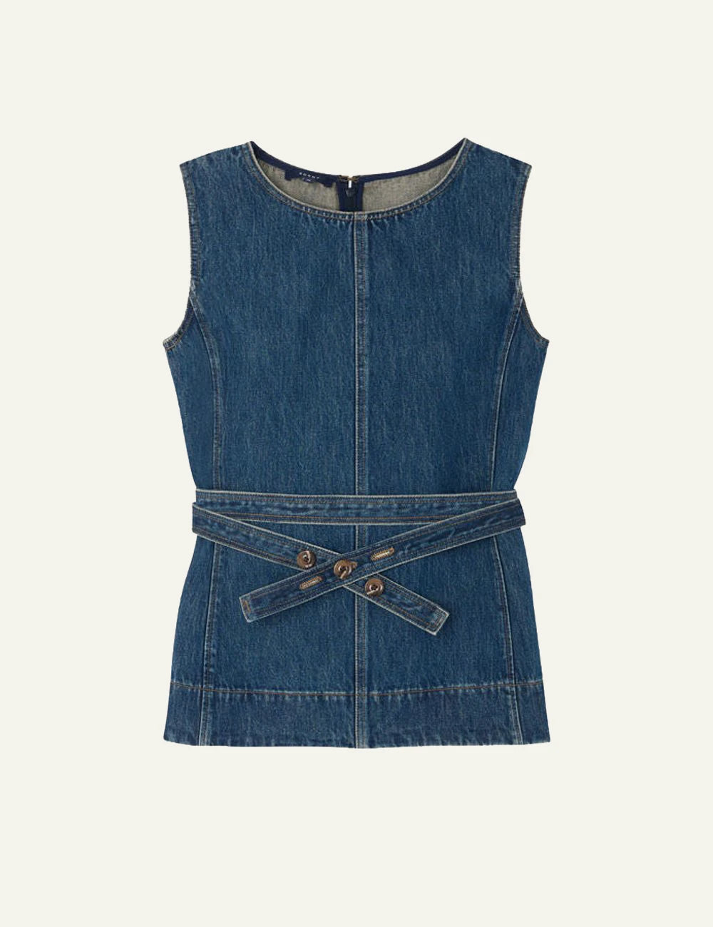 Soeur Chance bleu vert sleeveless denim top fitted organic cotton belt detail front view