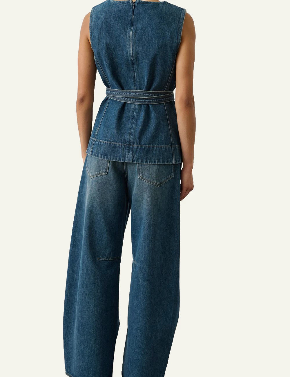 Soeur Chance bleu vert sleeveless denim top fitted organic cotton belt detail back view