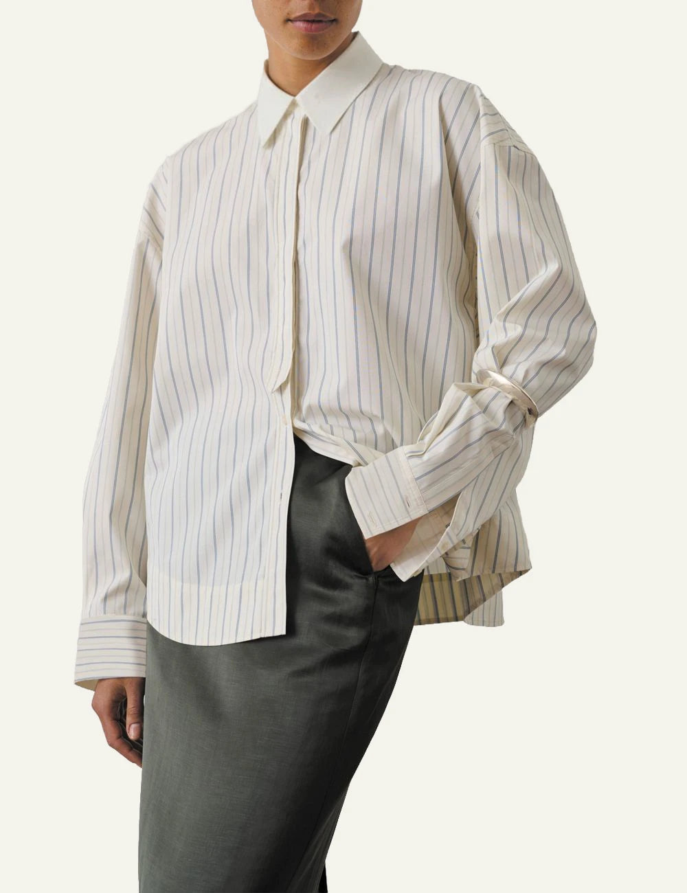 Soeur Idesia ecru bleu striped shirt cotton poplin loose fit front full body view