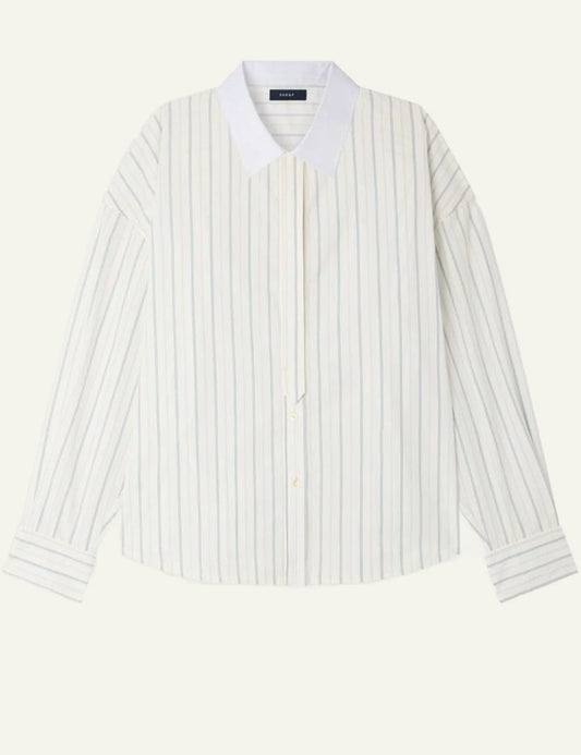 Soeur Idesia ecru bleu striped shirt cotton poplin loose fit front view