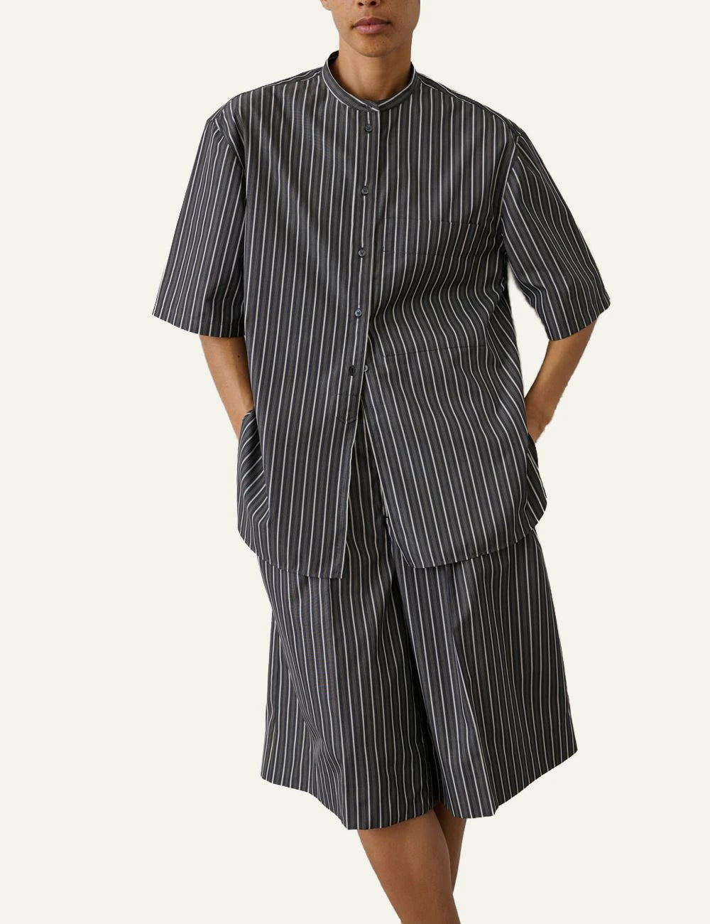 Soeur Hannah shirt black striped cotton poplin short sleeve front model view