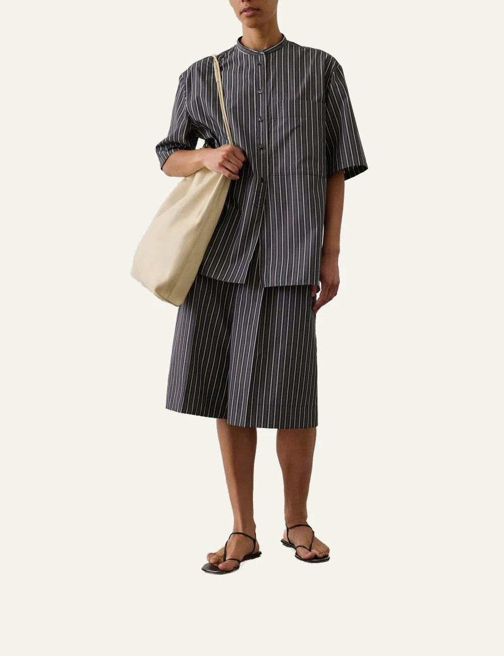 Soeur Hannah shirt black striped cotton poplin short sleeve front full body view