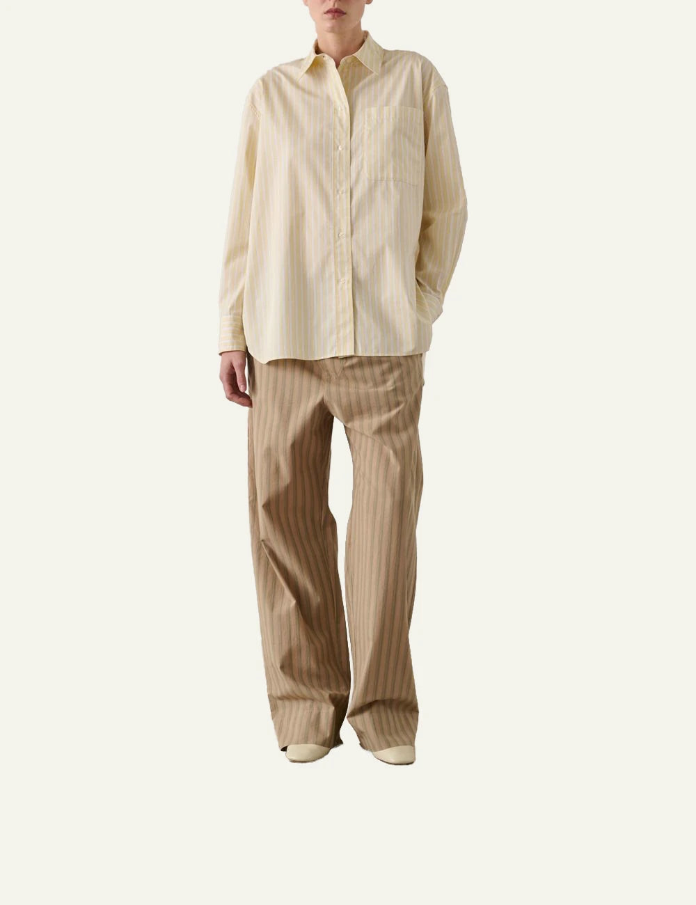 Soeur Carlotta jaune ecru striped shirt cotton poplin loose fit front full body view