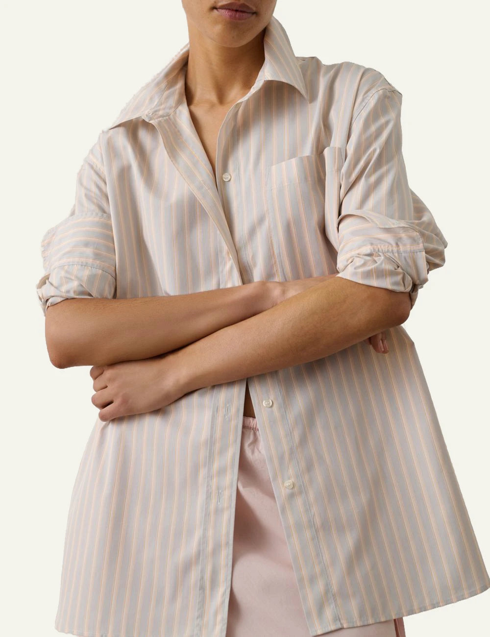 Soeur Carlotta orange gris striped shirt cotton poplin loose fit front model view
