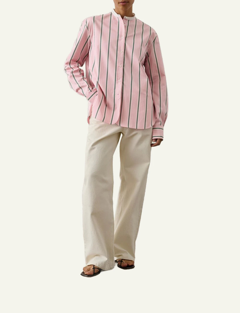Soeur Bermudes shirt pink striped cotton poplin long sleeve front full body view