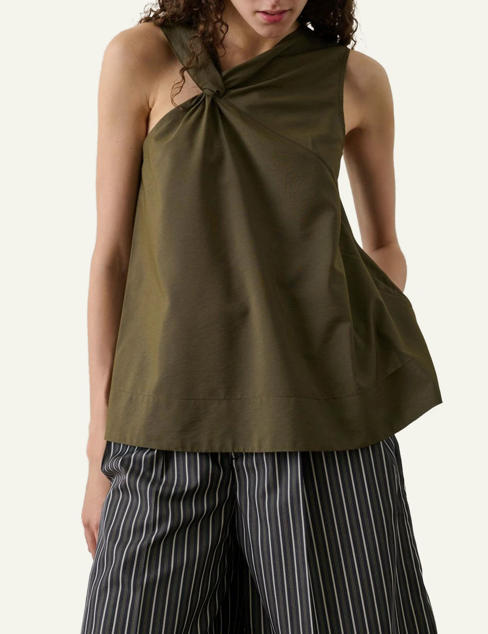 Soeur Enora asymmetric top khaki me knot detail sleeveless front model detail view