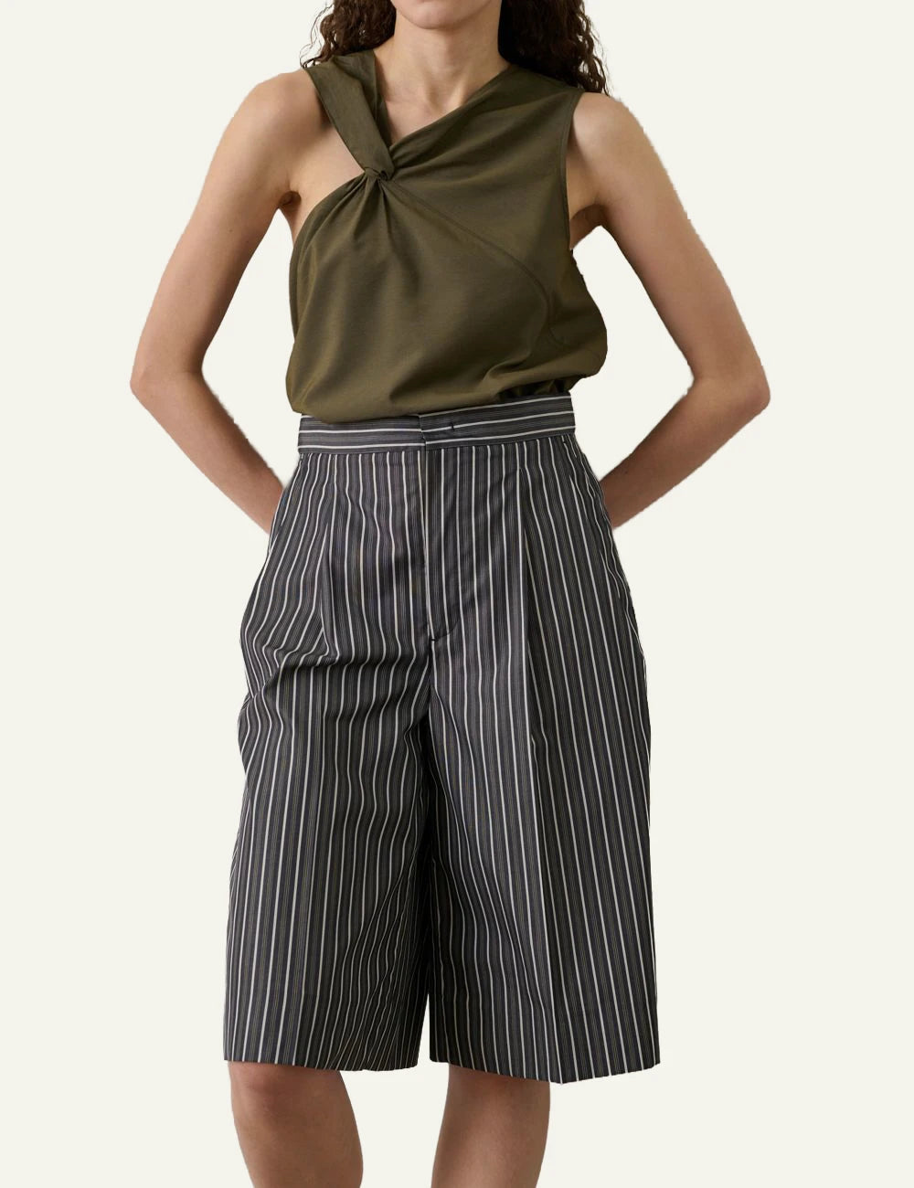 Soeur Enora asymmetric top khaki me knot detail sleeveless front model view