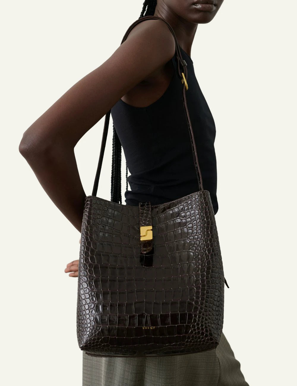 Soeur crossbody bag dark brown croc leather front model view