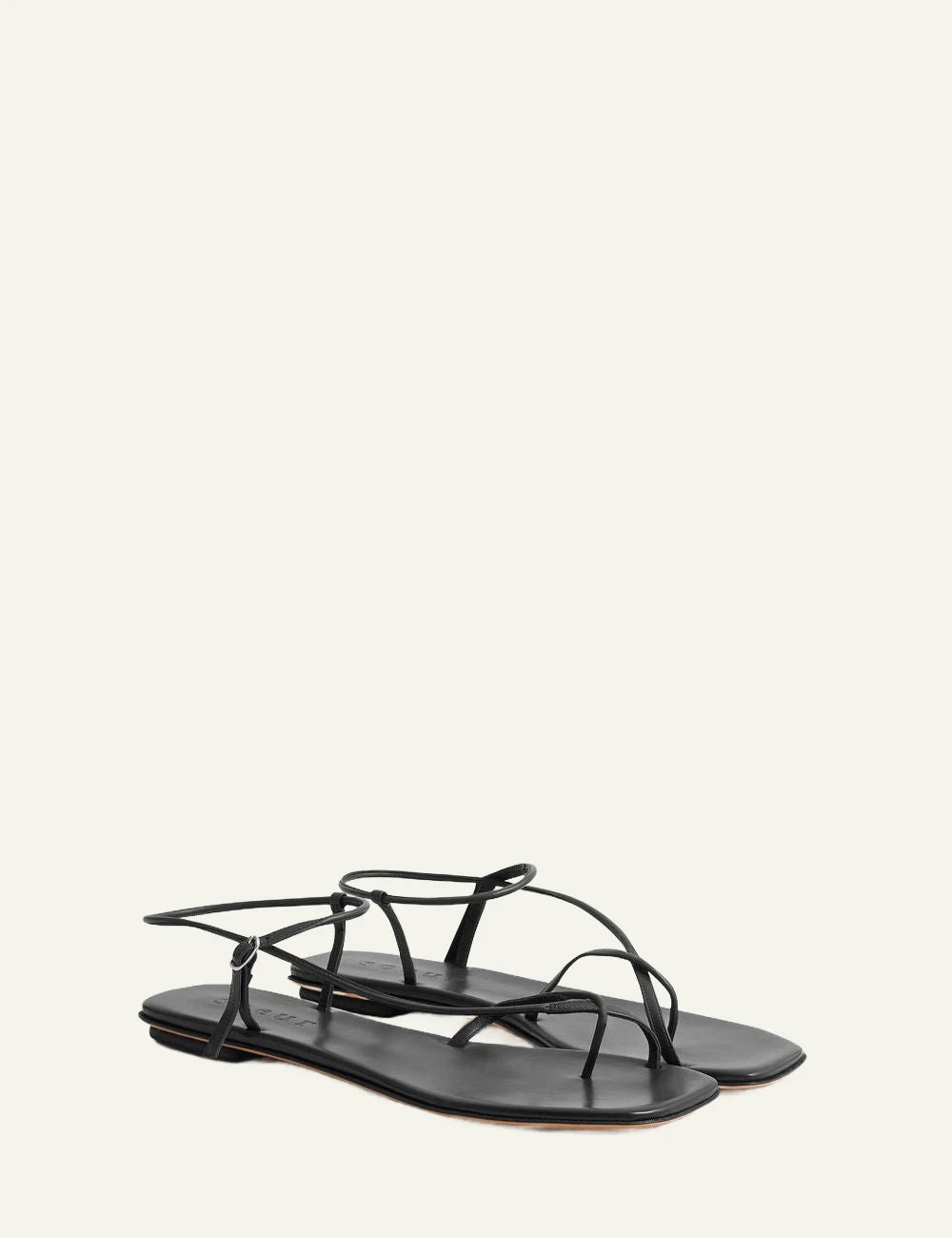 Soeur black leather strappy sandals flat profile view