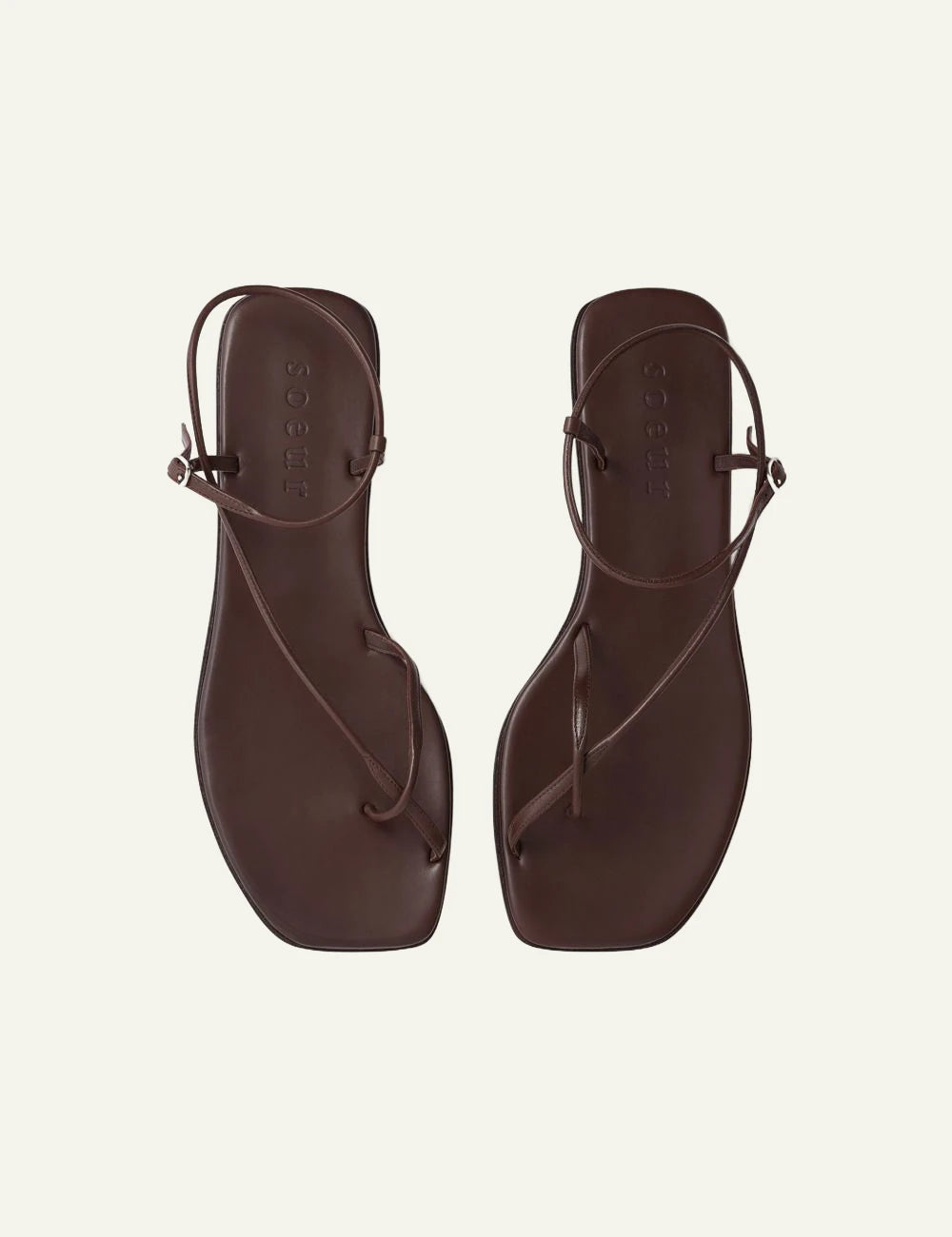 Soeur brown leather strappy sandals flat top view