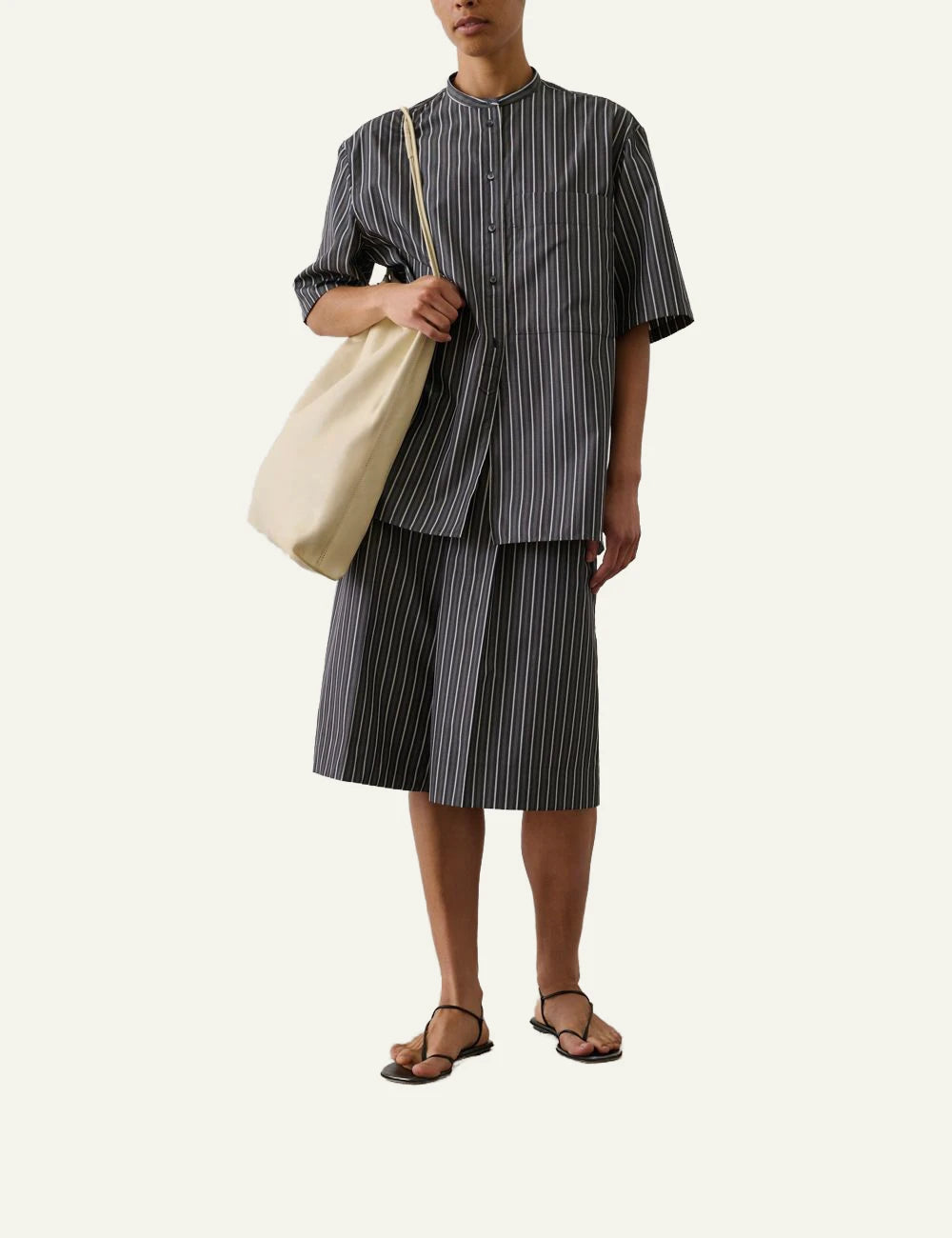 Soeur Henna bermuda shorts striped cotton poplin wide leg front full body