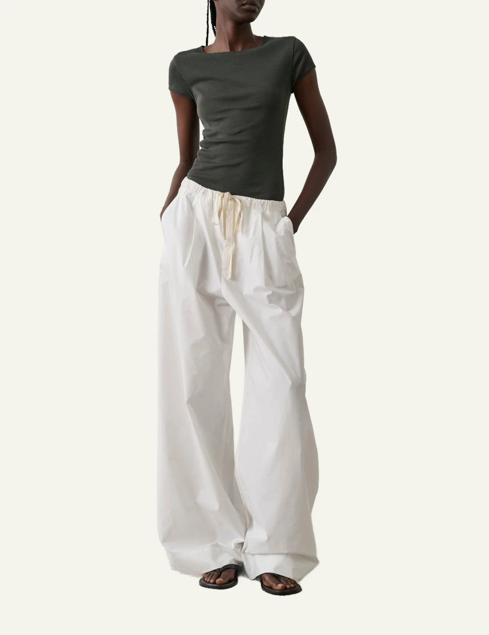 Soeur Hugues trousers off white straight leg tie waist front full body