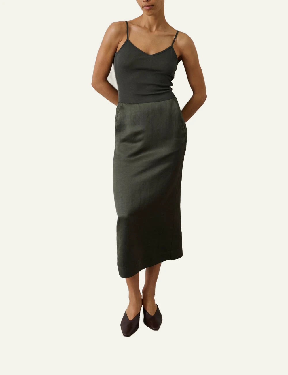 Soeur Ila tank top dark green cotton jersey thin straps front full body