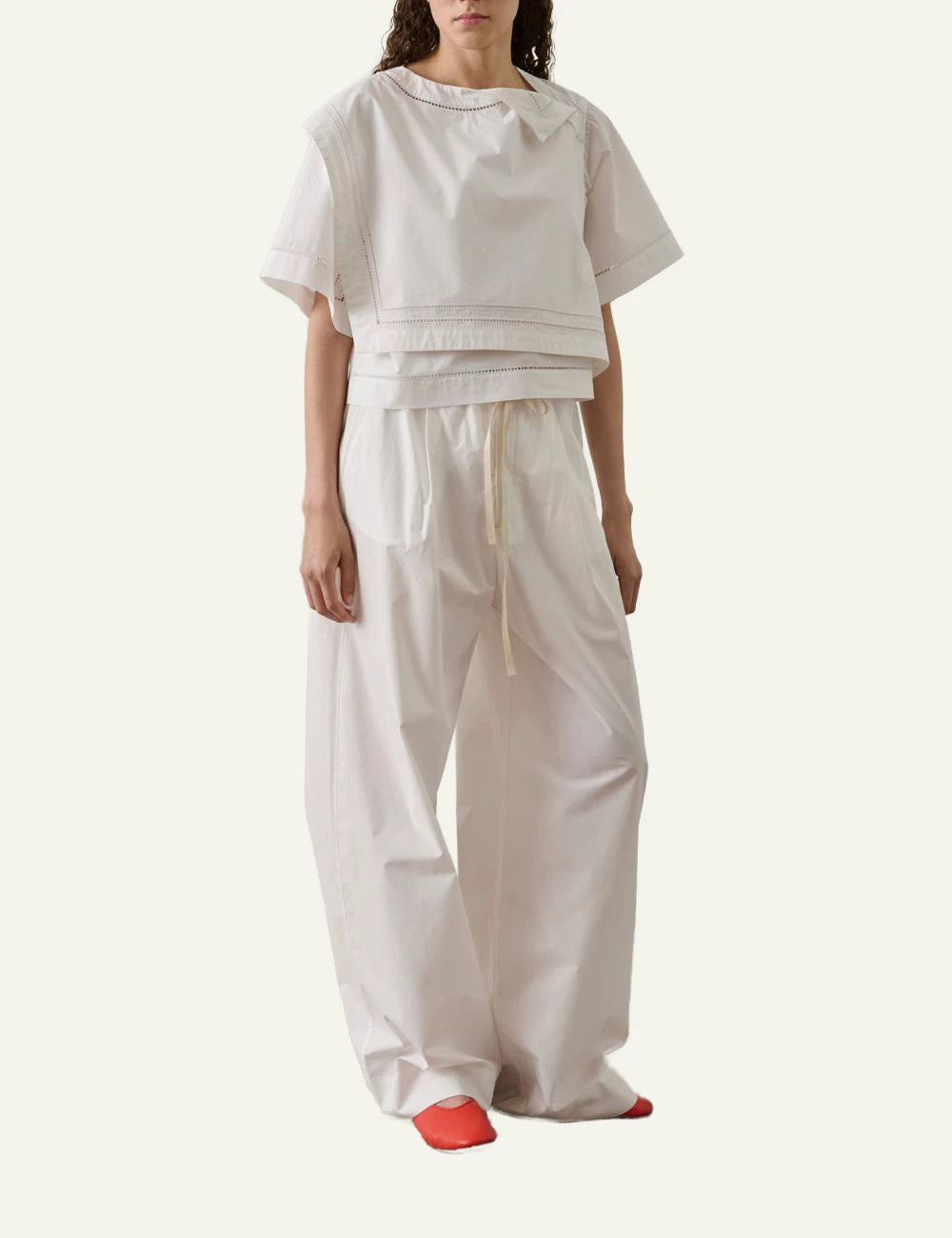Soeur Irene blouse white cotton embroidered asymmetrical hem layered front full body