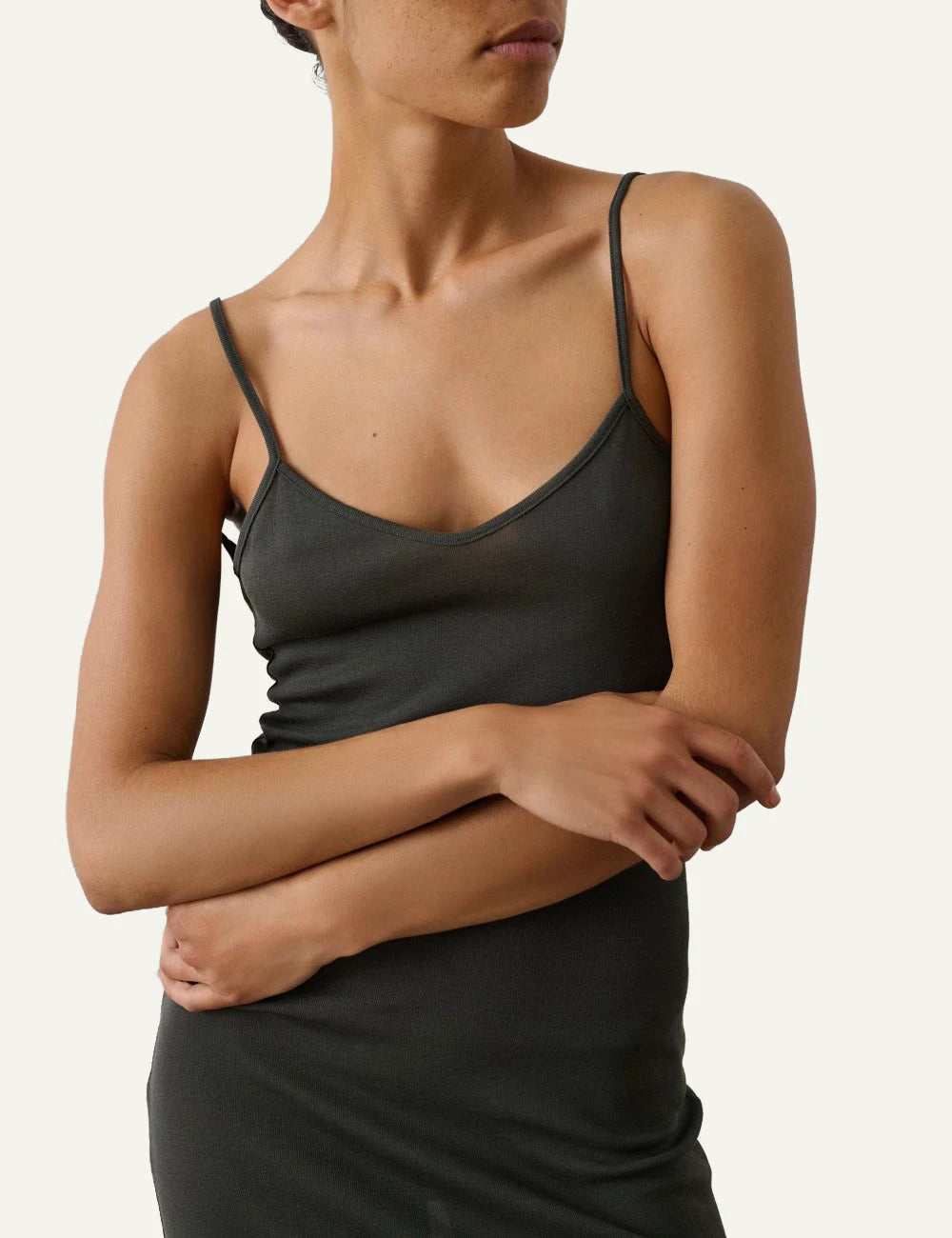 Soeur Ithaca dress dark green ribbed cotton jersey slim straps front model