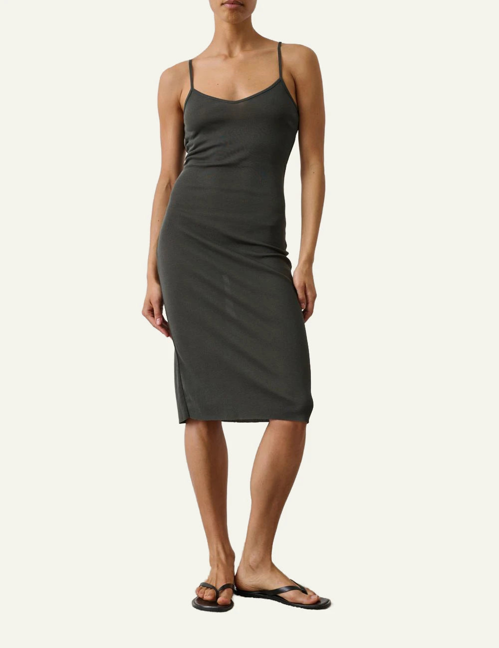 Soeur Ithaca dress dark green ribbed cotton jersey slim straps front full body