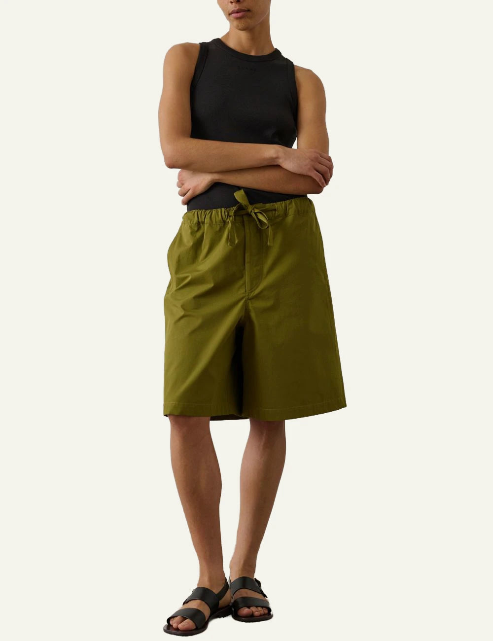 Soeur Izia shorts olive cotton canvas drawstring loose fit front full body