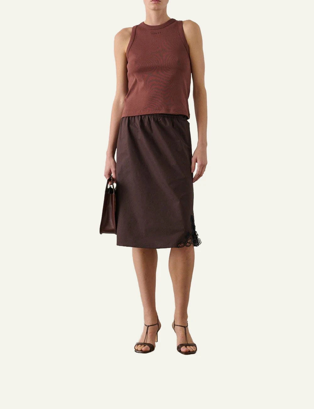 Soeur rib tank top recycled cotton brown front full body