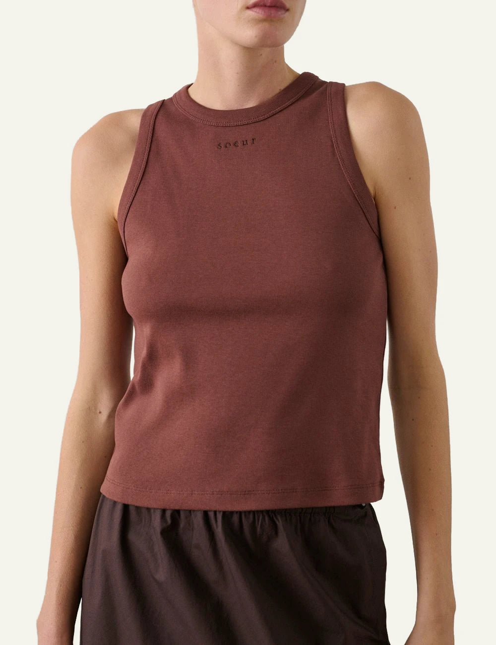 Soeur rib tank top recycled cotton brown front model