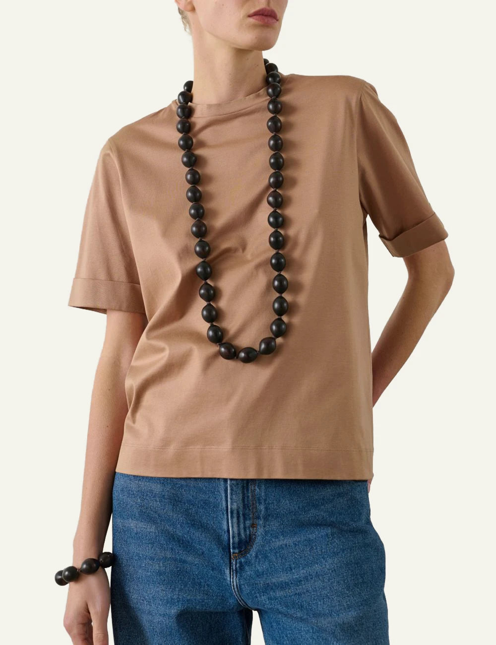Soeur t shirt mercerised cotton beige short sleeves front model