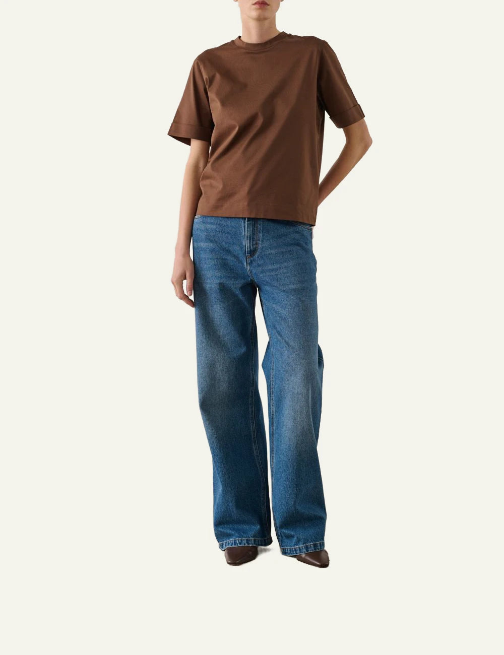 Soeur t shirt mercerised cotton brown short sleeves front full body