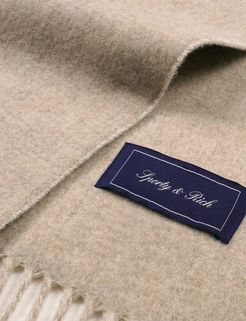 Sporty &amp; Rich big serif scarf ecru wool fringed front detail view