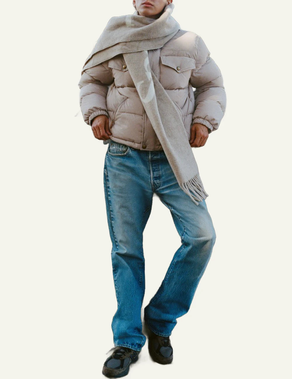Sporty &amp; Rich big serif scarf ecru wool fringed front model view