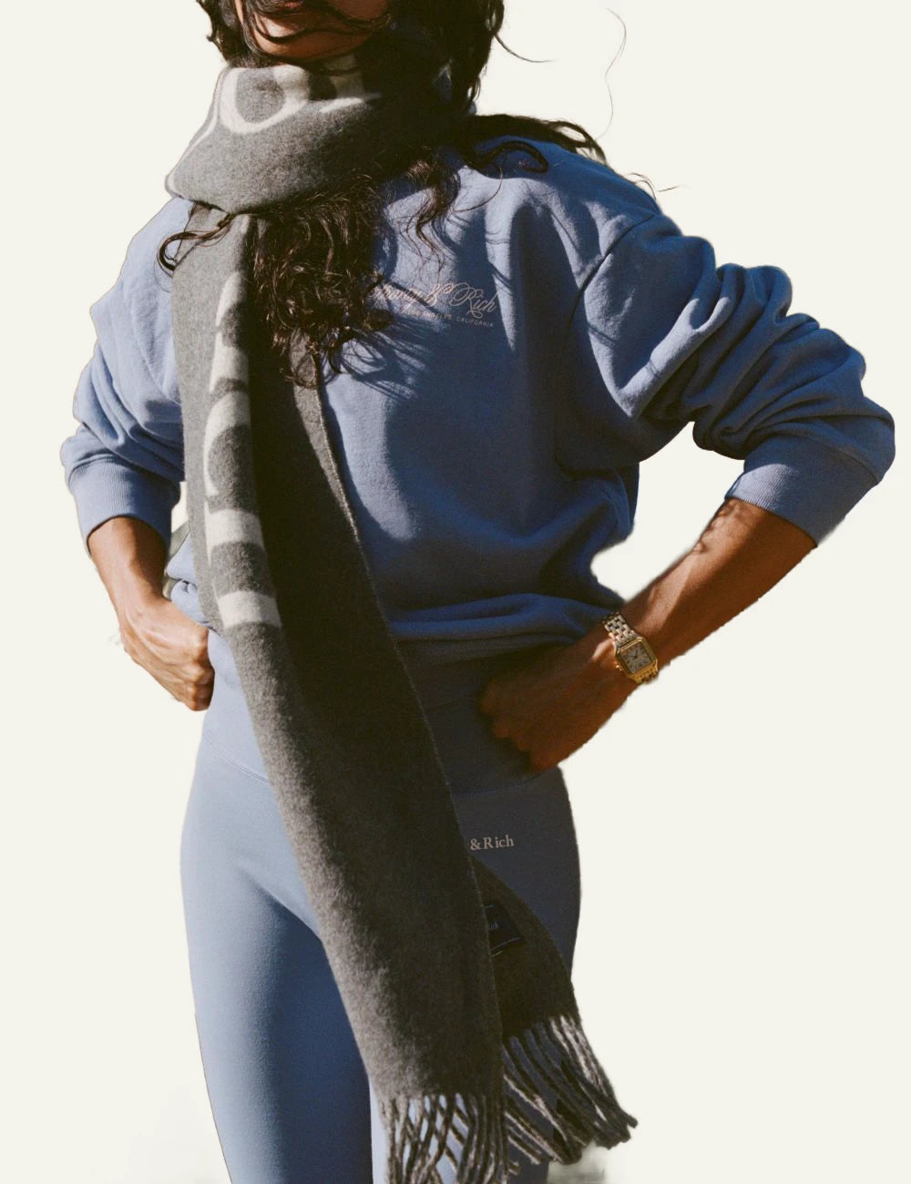Sporty &amp; Rich big serif scarf gray wool fringed front model view