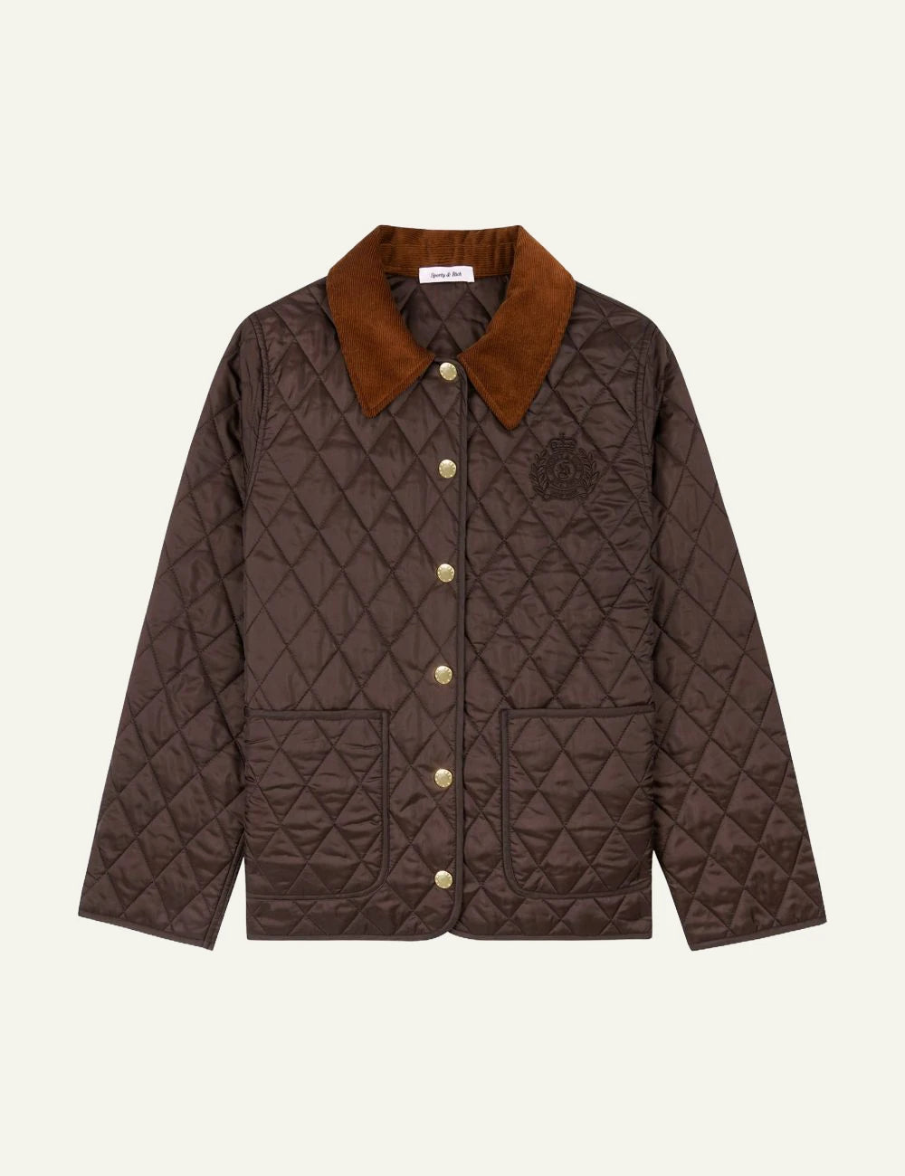Sporty and Rich quilted brown jacket with corduroy collar front view