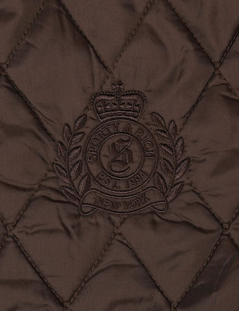 Sporty and Rich quilted brown jacket with corduroy collar front detail view