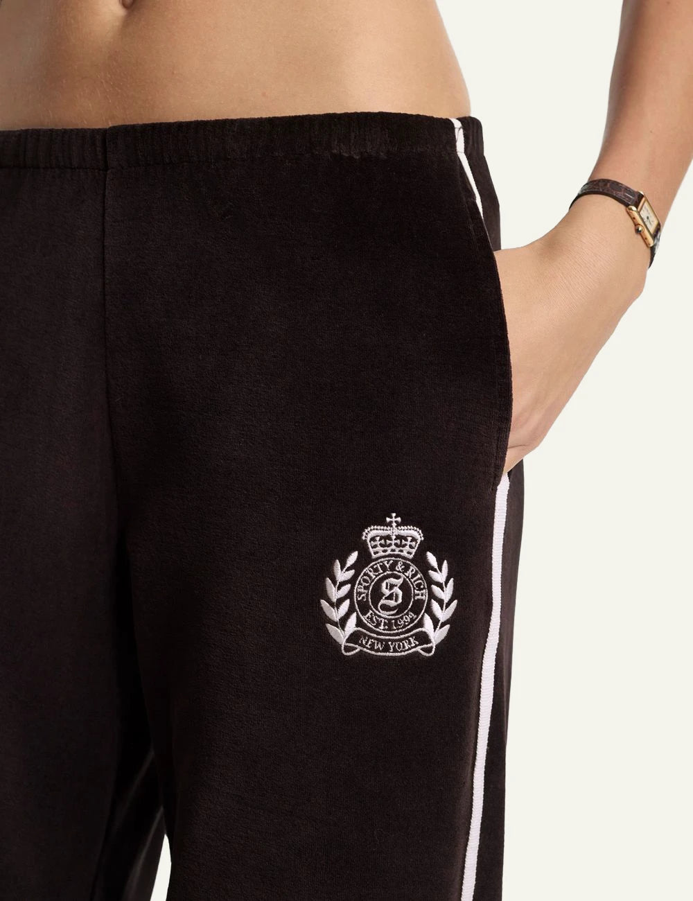 Sporty and Rich brown wide leg track pants front detail view