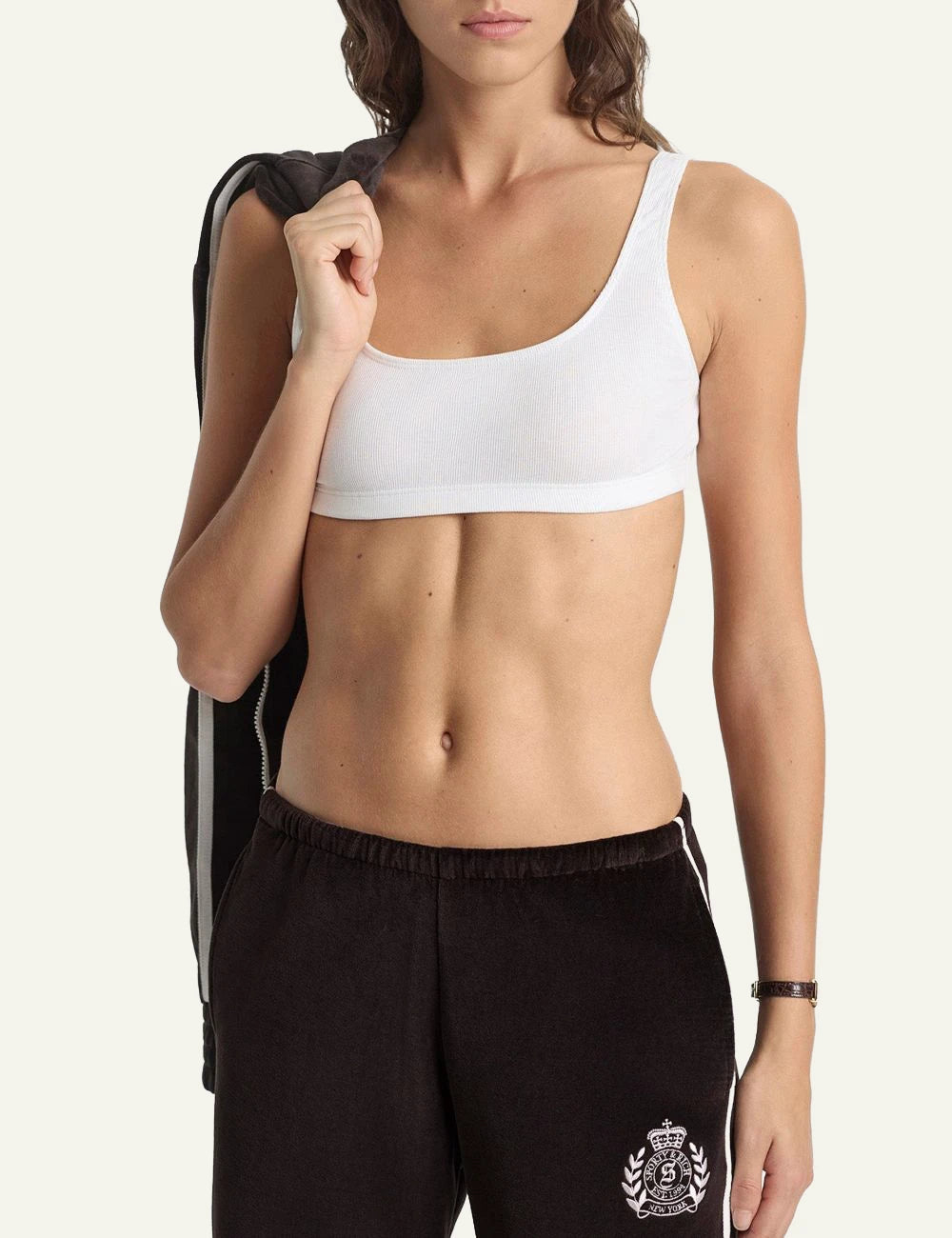 Sporty and Rich brown wide leg track pants front model view