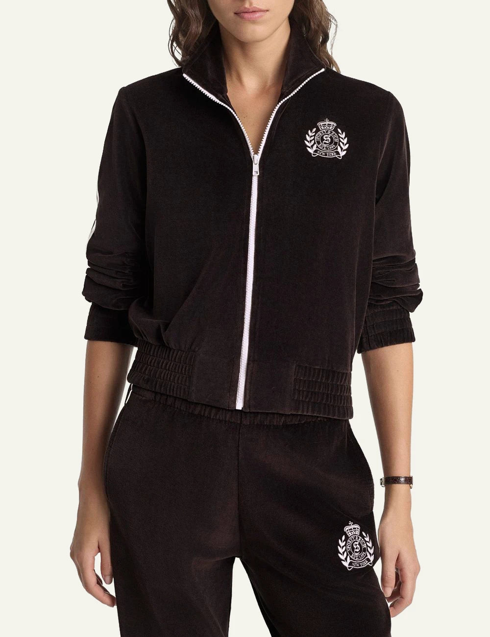 Sporty and Rich brown zip track jacket logo detail front view