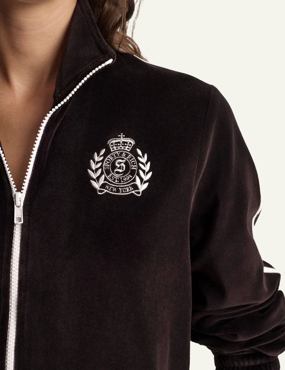 Sporty and Rich brown zip track jacket logo detail front detail view
