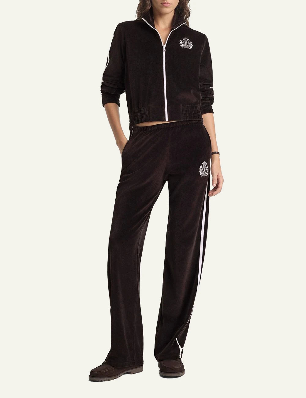 Sporty and Rich brown zip track jacket logo detail front model view