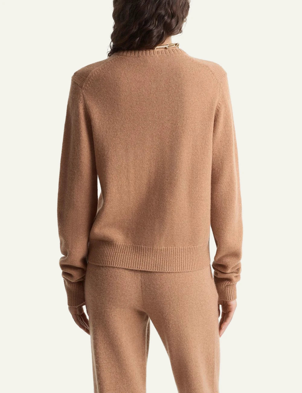 Sporty and Rich camel cashmere cardigan embroidered logo back view