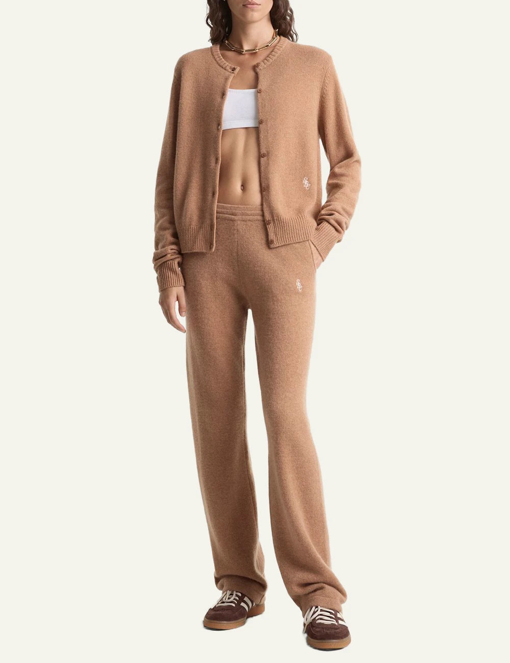 Sporty and Rich camel cashmere wide leg pants front view