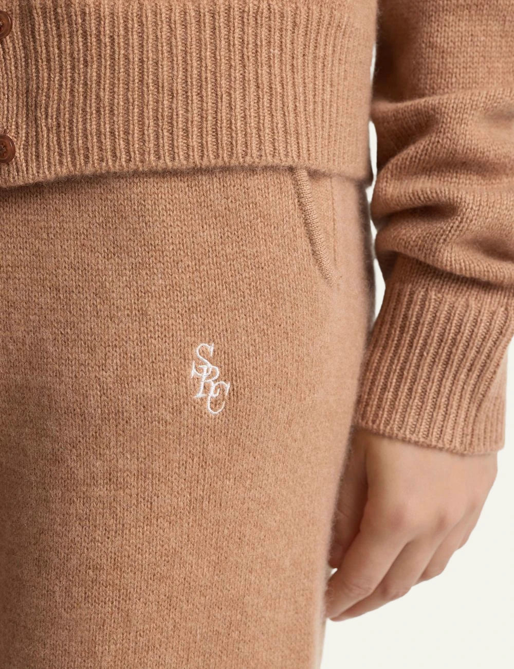 Sporty and Rich camel cashmere wide leg pants front detail view