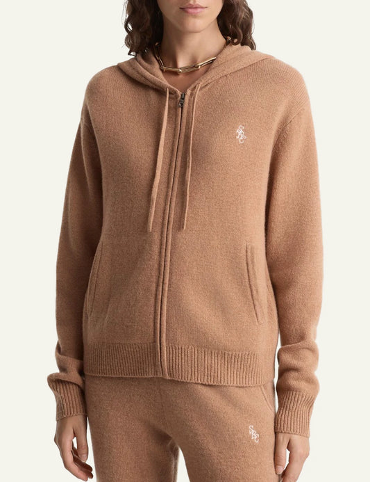 Sporty and Rich camel cashmere zip hoodie logo front view